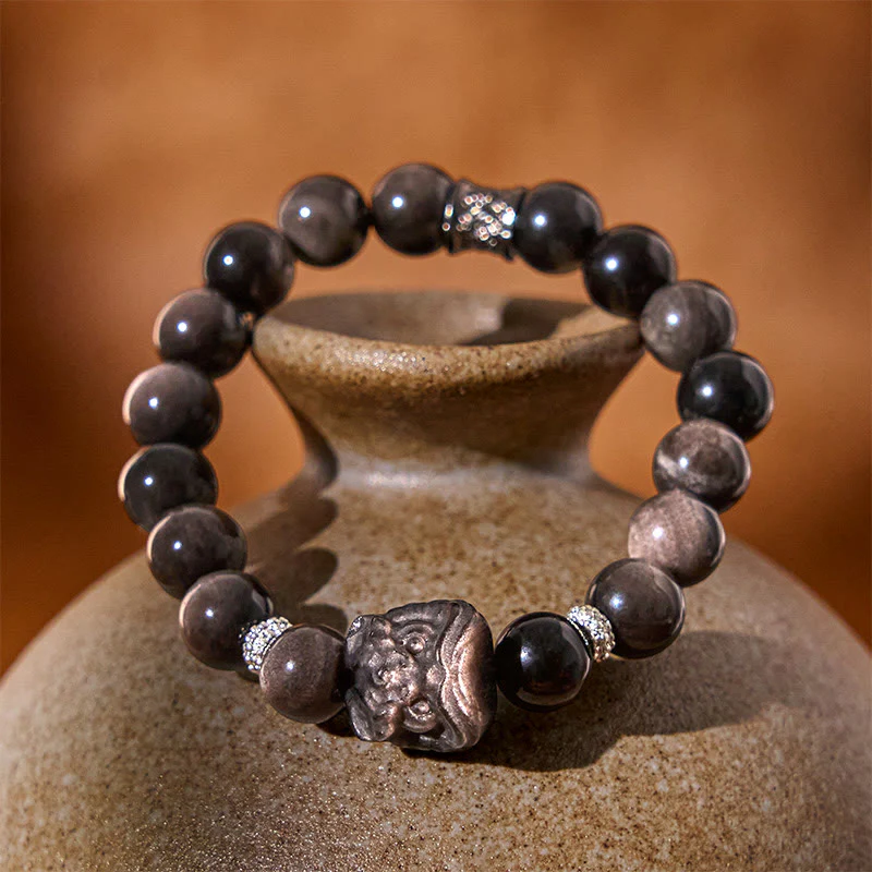 Buddha Stones Natural Silver Sheen Obsidian Lion Dance Protection Bracelet