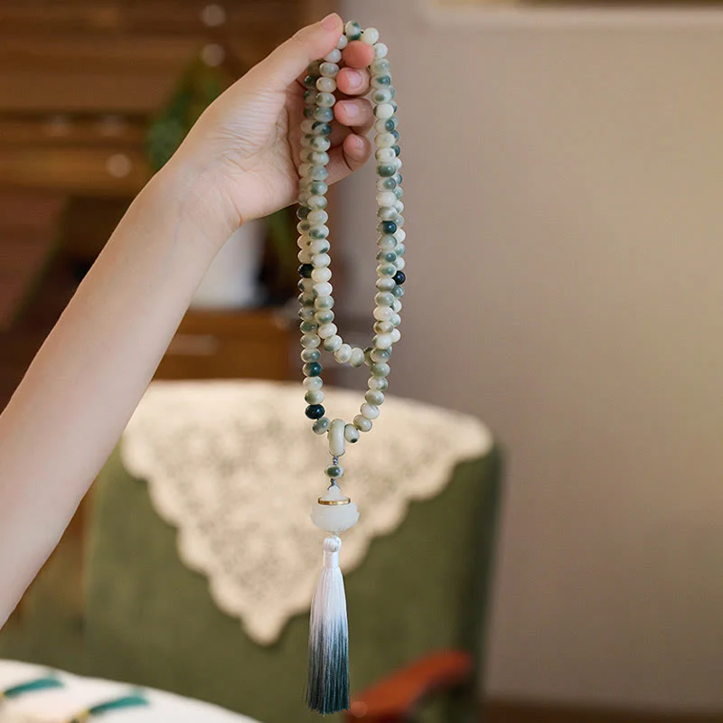 Buddha Stones Natural 108 Mala Beads Bodhi Seed Lotus Engraved Wisdom Tassel Bracelet