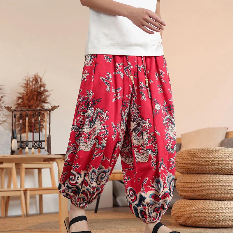 Buddha Stones Dragon Print Cotton Men's Harem Ankle-Length Pants With Pockets