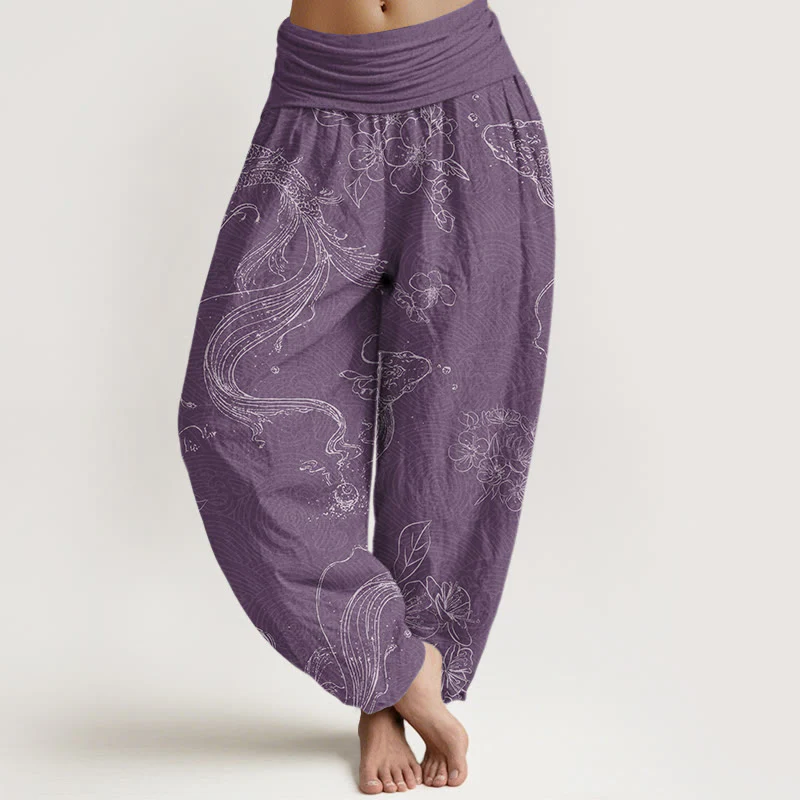 Buddha Stones Koi Fish Floral Pattern Women's Elastic Waist Harem Pants