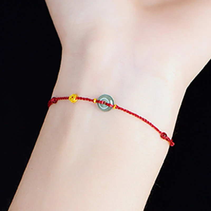 Buddha Stones Peace Buckle Copper Coins Jade Red String Connection Bracelet Anklet