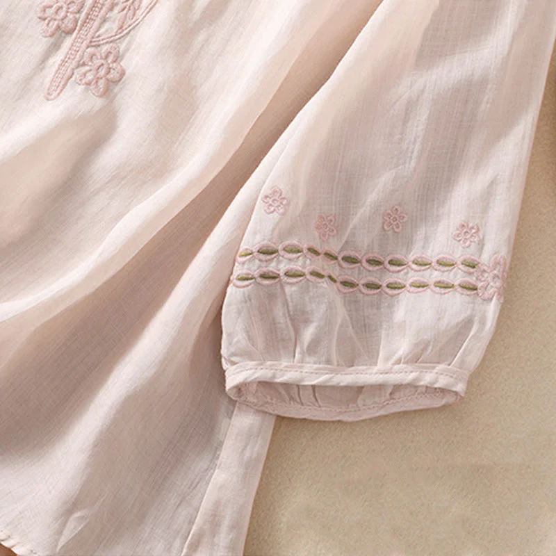 Buddha Stones Women's Crew Neck Hollow Design Half Sleeve Cotton Linen Shirt