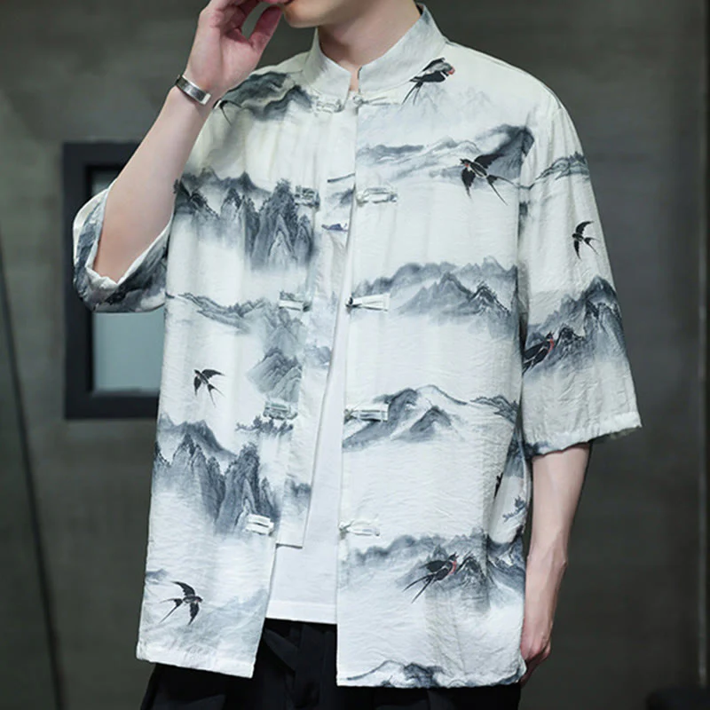 Buddha Stones Ink Painting Mountains Chinese Frog-Button Tang Suit Men's Half Sleeve Cotton Linen Shirt