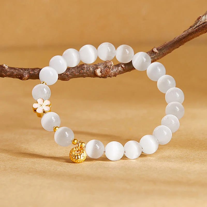 Buddha Stones 925 Sterling Silver Peach Blossom Lucky Bag White Cat's Eye Luck Bracelet