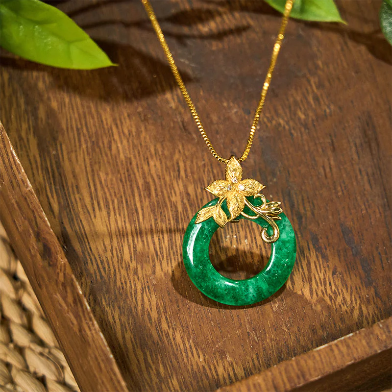 Buddha Stones Cyan Jade Peace Buckle Alloy Flower Healing Luck Necklace Pendant