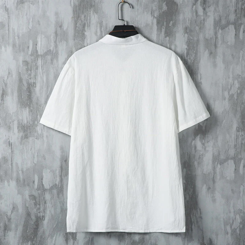 Buddha Stones Daily Casual Plain Chinese Frog-Button Men's Short Sleeve Cotton Linen Shirt