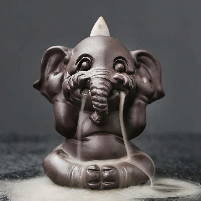Buddha Stones Cute Elephant Purple Clay Backflow Smoke Fountain Peace Healing Incense Burner Decoration
