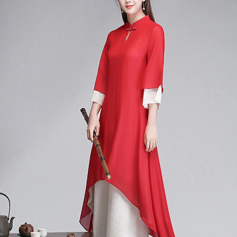 Buddha Stones Solid Women's Three Quarter Sleeve Chiffon Irregular Shirt Dress Wide Leg Pants Meditation Clothing