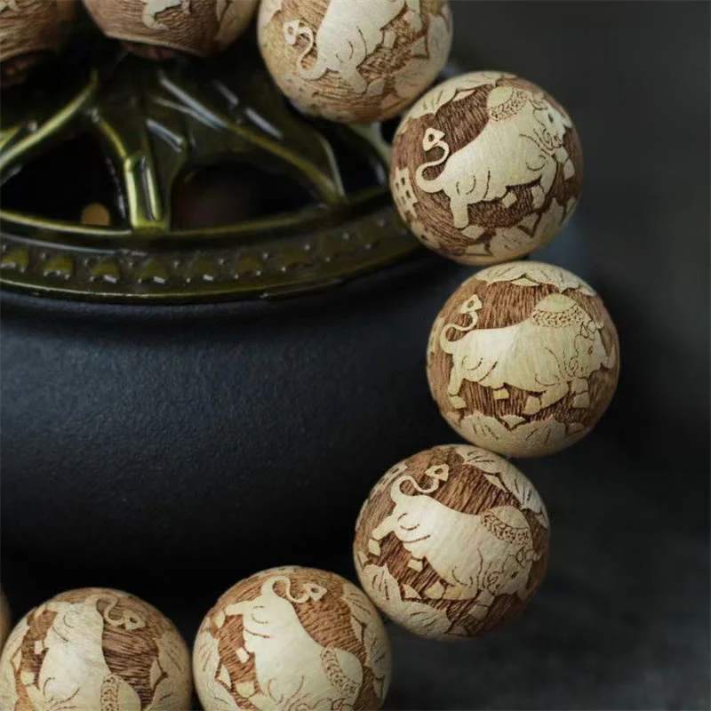 Buddha Stones Camphor Wood Yin Yang Ox Engraved Clarity Bracelet