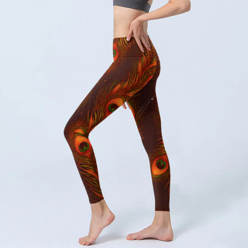 Buddha Stones Brown Peacock Feathers Print Gym Leggings Women's Yoga Pants