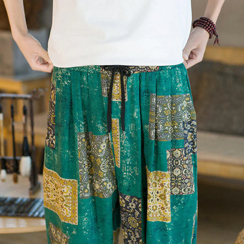 Buddha Stones Summer Square Patchwork Cotton Linen Men's Ankle-Length Harem Pants With Pockets