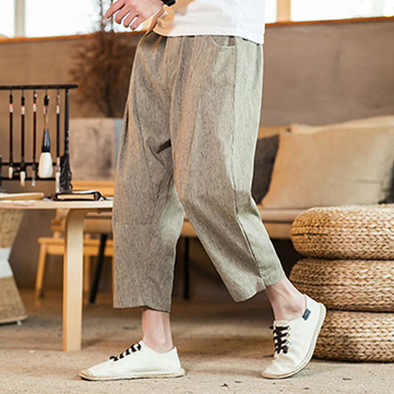 Buddha Stones Casual Solid Color Drawstring Men's Elastic Waistband Cotton Linen Pants With Pockets