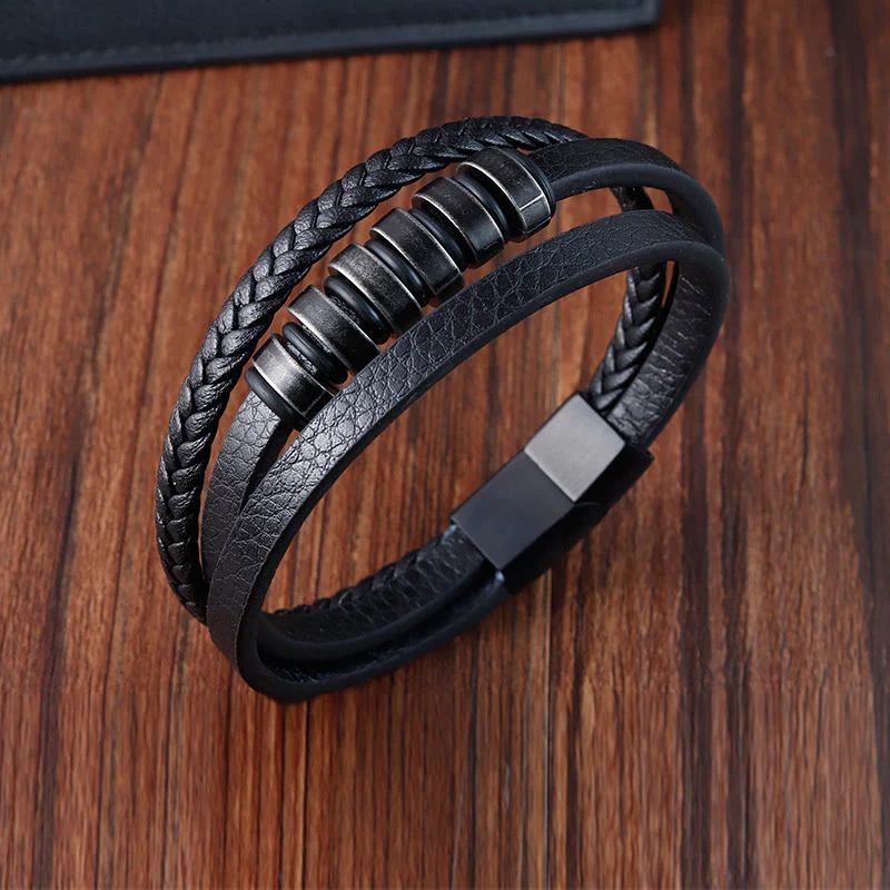 Buddha Stones Simple Titanium Steel Braided Three-layer Leather Buckle Calm Bracelet