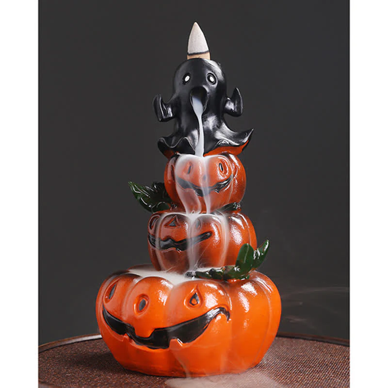 Buddha Stones Halloween Pumpkins Ghost Resin Backflow Smoke Fountain Incense Burner Decoration