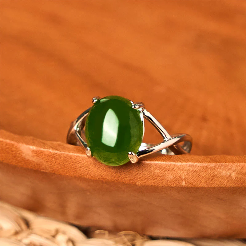 Buddha Stones Natural Jade Alloy Adjustable Buckle Abundance Ring