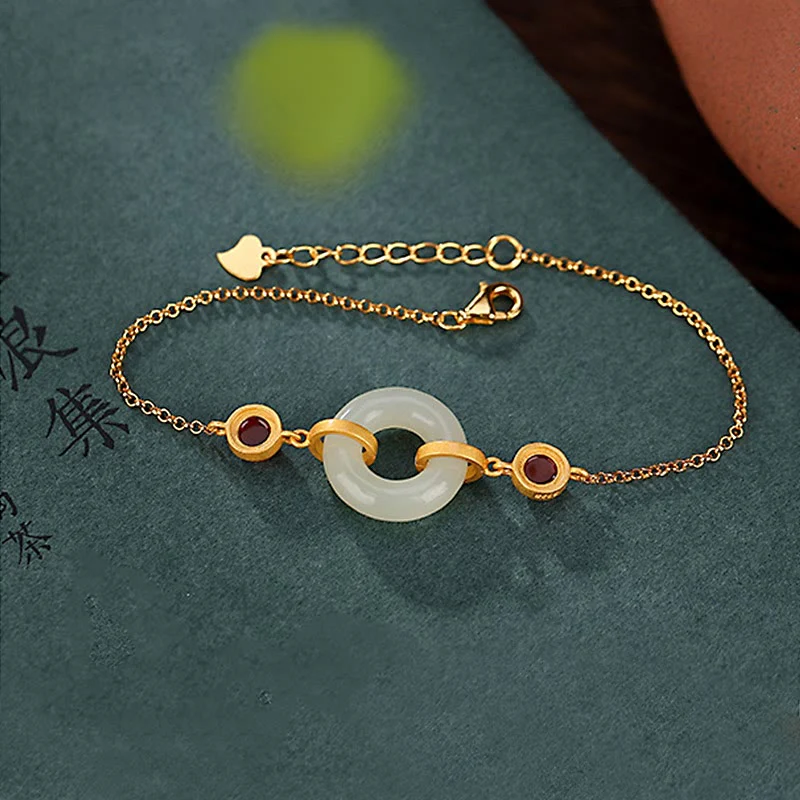 Buddha Stones 925 Sterling Silver Plated Gold Natural Hetian Jade Peace Buckle Red Agate Luck Bracelet