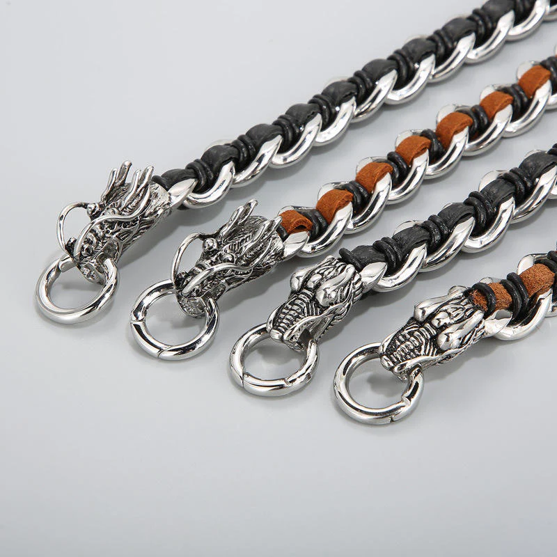 Buddha Stones Dragon Leather Titanium Steel Protection Luck Braided Bracelet