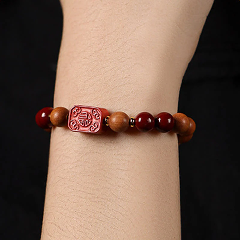 Buddha Stones Cinnabar Wood Beads Lotus Fu Character Blessing Bracelet