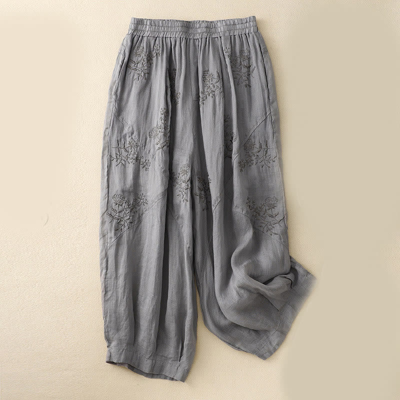 Buddha Stones Embroidered Pattern Women's Cotton Linen Harem Pants With Pockets