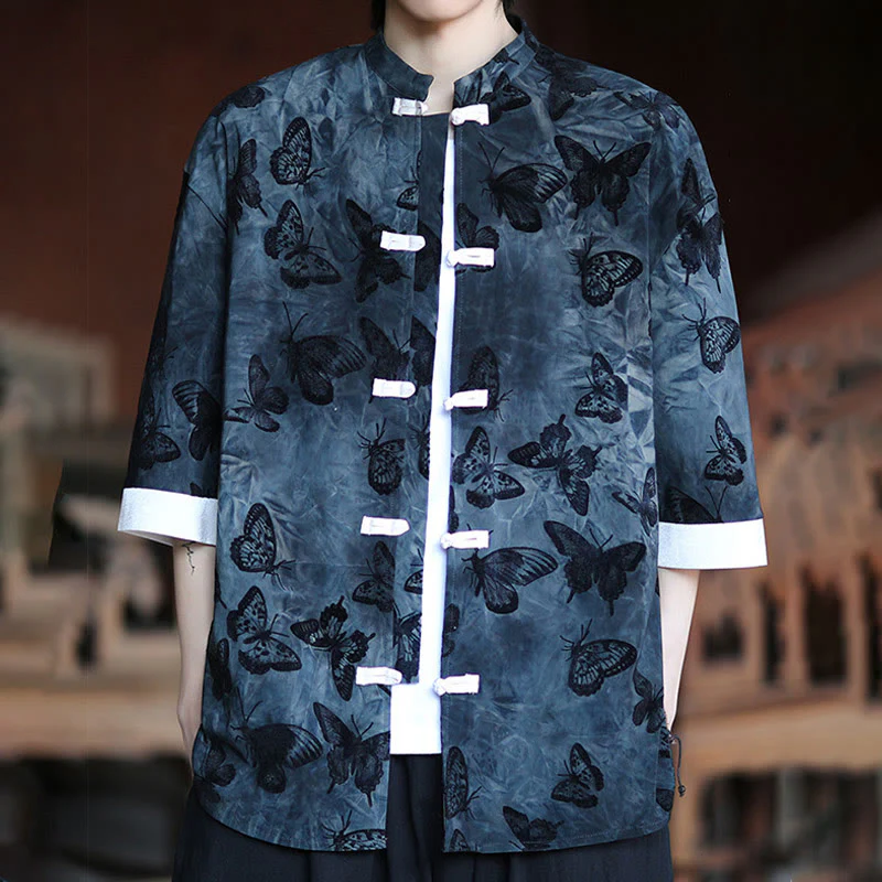Buddha Stones Jacquard Butterfly Pattern White Frog-Button Design Stand Collar Men's Three Quarter Sleeve Cotton Shirt Cardigan