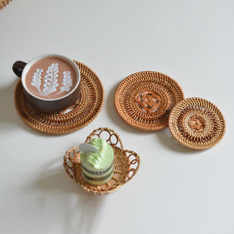 Buddha Stones Ceramic Flower Pattern Rattan Cup Mat Tea Cup Coaster