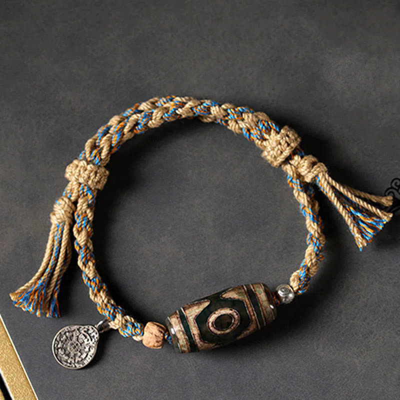 Buddha Stones Handmade Tibetan Dzi Bead Wealth Protection Braided String Bracelet