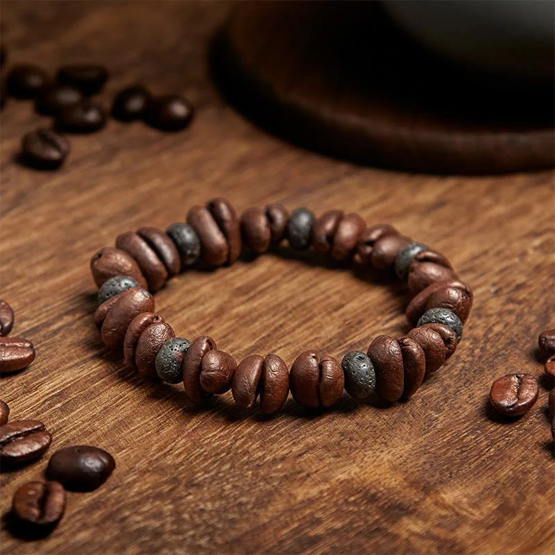 Buddha Stones Natural Coffee Beans Tiger Eye Grey Jasper Lava Rock Beads Bracelet