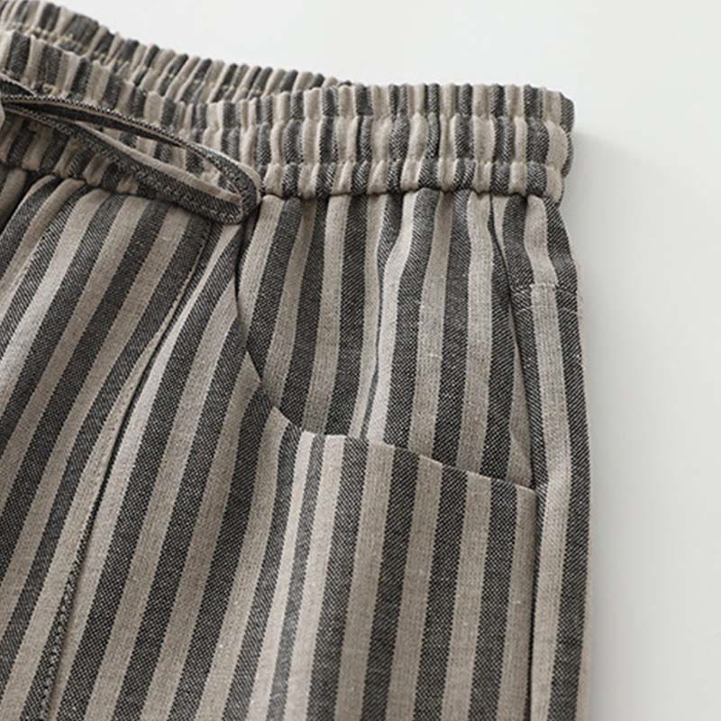 Buddha Stones Commute Striped Drawstring Design Women's Wide Leg Cotton Pants With Pockets