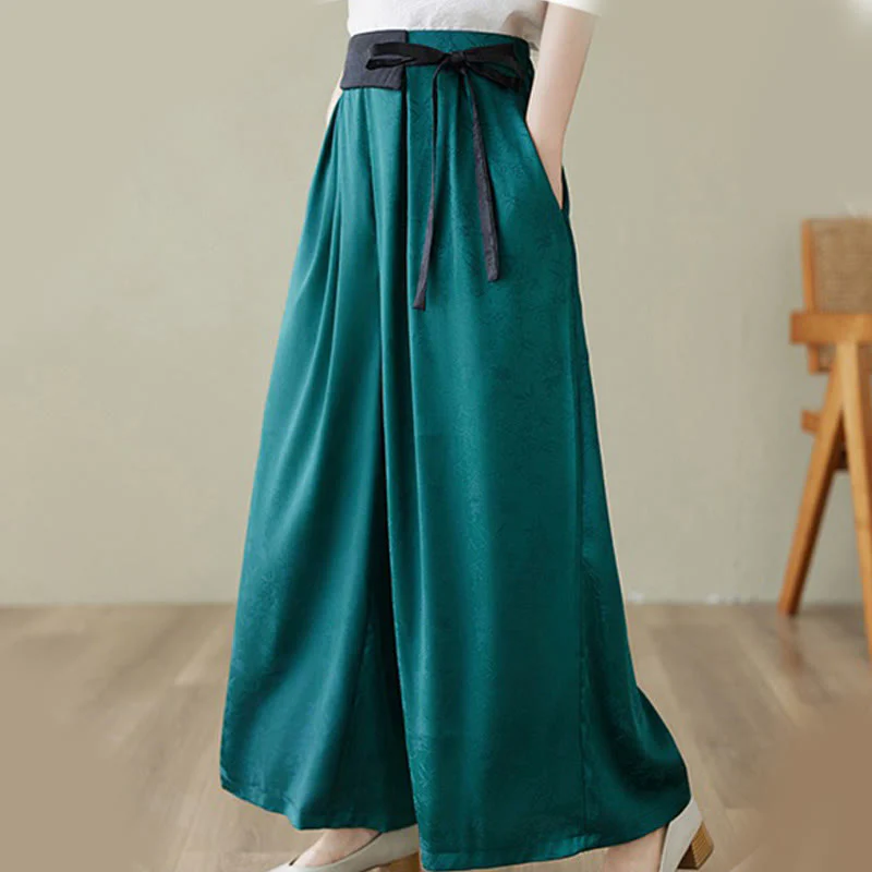 Buddha Stones Casual Jacquard Lace-up Cotton Women's Wide Leg Pants With Pockets