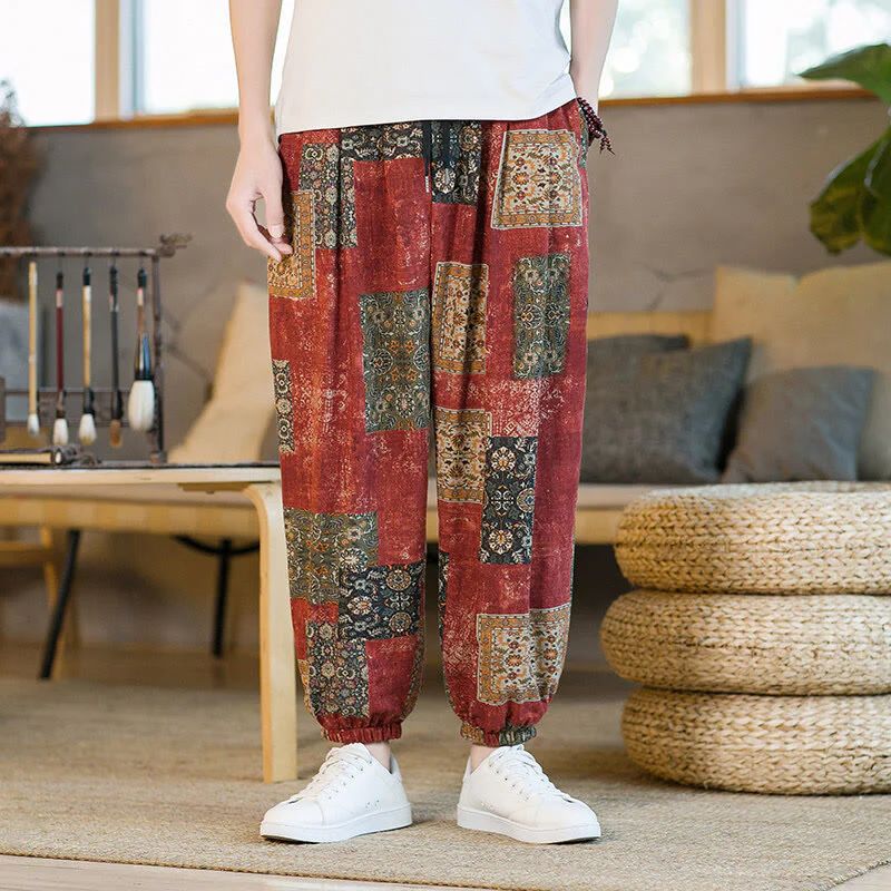 Buddha Stones Summer Square Patchwork Cotton Linen Men's Ankle-Length Harem Pants With Pockets