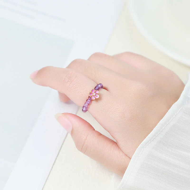Buddha Stones 3mm Amethyst Peach Blossom Elastic String Ring
