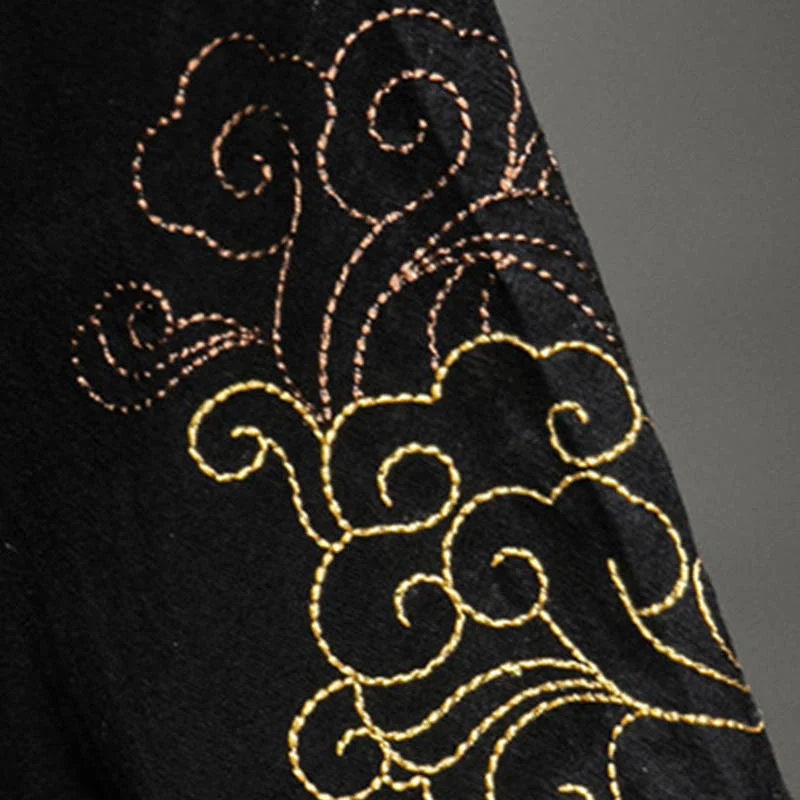 Buddha Stones Frog-Button Chinese Dragon Auspicious Cloud Embroidery Half Sleeve Shirt Cotton Linen Men Clothing