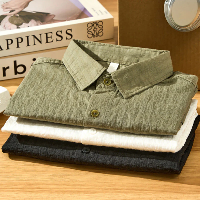 Buddha Stones Summer Solid Breathable Men's Buttons Short Sleeve Tencel Shirt