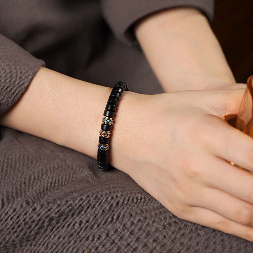 Buddha Stones Ebony Wood Small Leaf Red Sandalwood Zircon Peace Bracelet