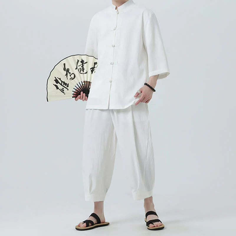 Buddha Stones 2Pcs Solid Frog-Button Three Quarter Sleeve Shirt Pants Men's Set