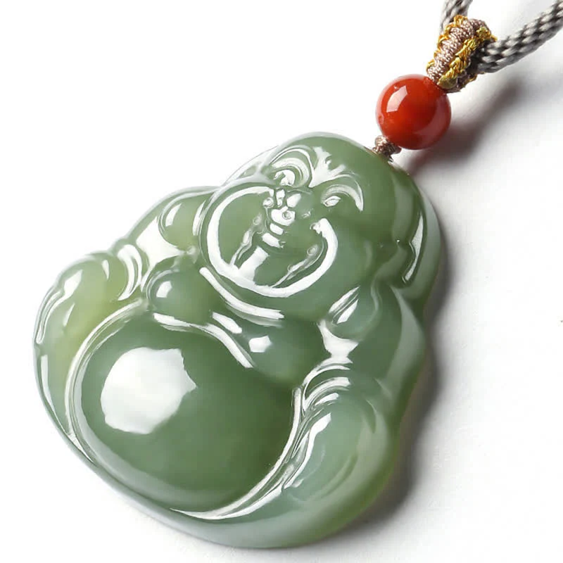 Buddha Stones Laughing Buddha Hetian Jade Abundance Necklace String Pendant