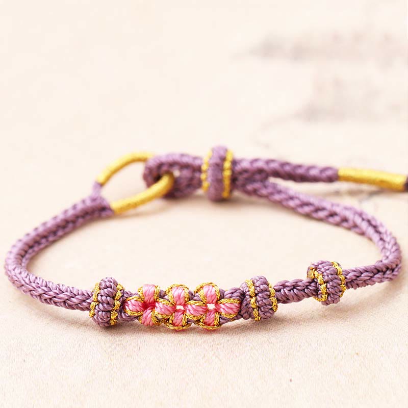 Buddha Stones Handmade Three Peach Blossoms Luck Eight Strands Braided String Bracelet