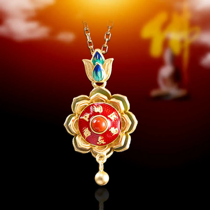 Buddha Stones 925 Sterling Silver Tibet Lotus Prayer Wheel Red Agate Enlightenment Necklace Pendant