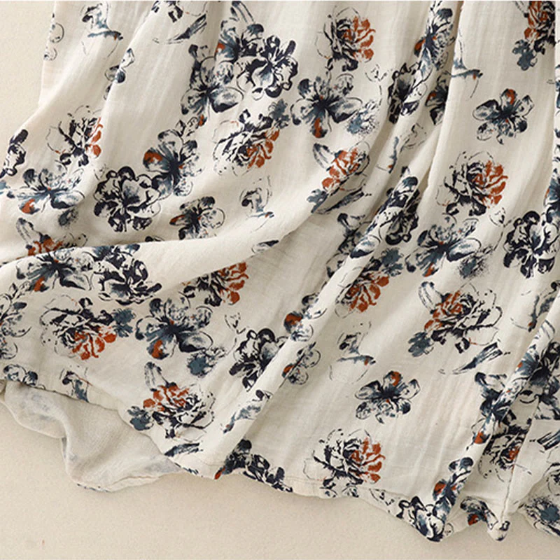 Buddha Stones Casual Small Floral Pattern Crew Neck Cotton Linen Midi Dress With Pockets