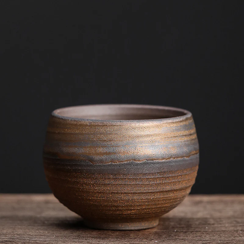 Buddha Stones Simple Brown Striped Texture Ceramic Teacup Kung Fu Tea Cup Bowl