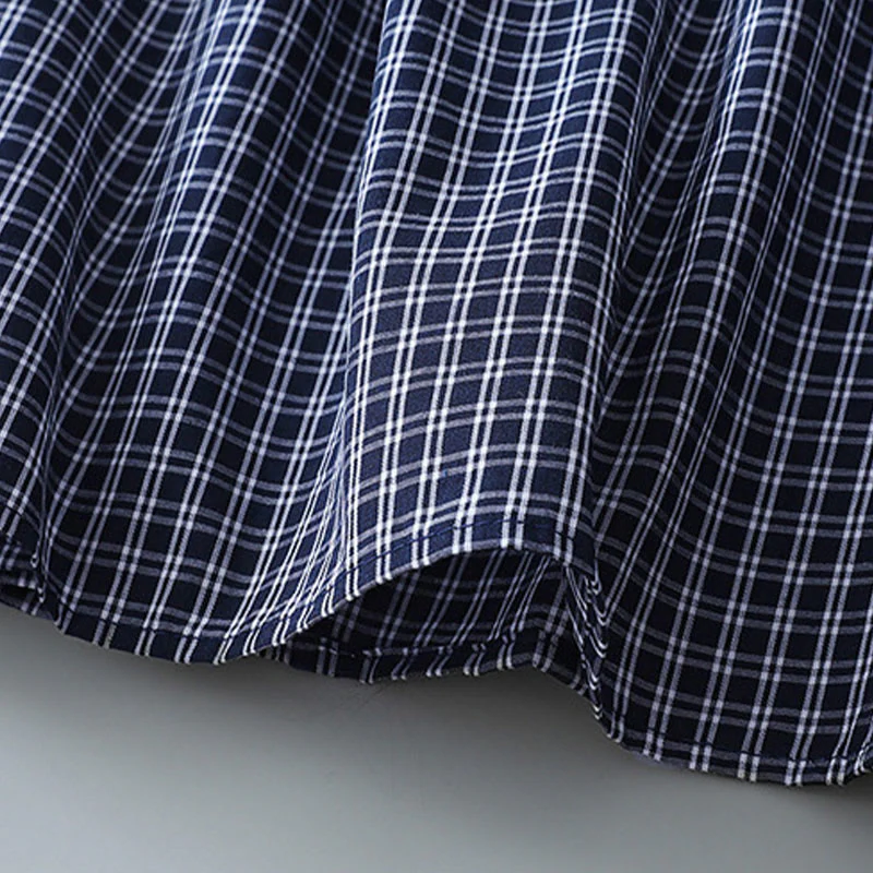 Buddha Stones Casual Plaid Buttons Lantern Long Sleeve Cotton Midi Dress