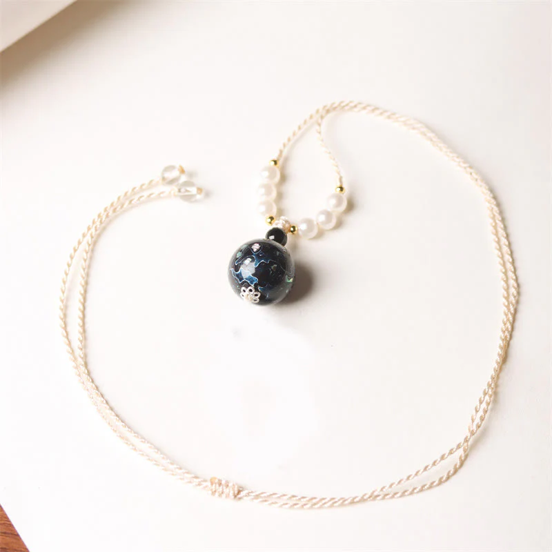 Buddha Stones Ebony Wood Aurora Lacquer Craft Bead Pearl Balance Necklace Pendant