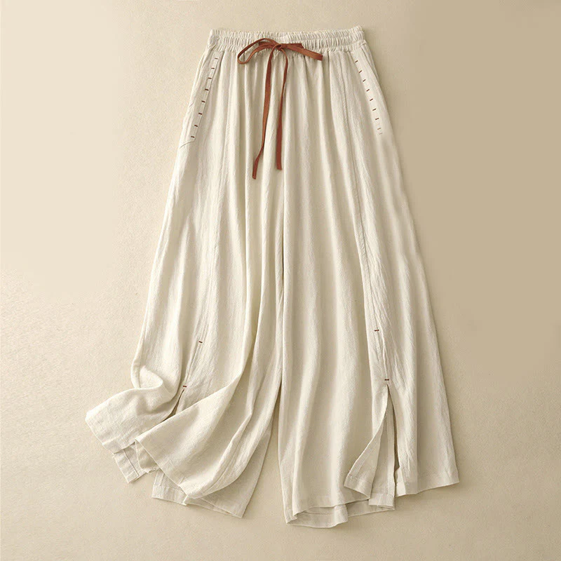 Buddha Stones Casual Side Slits Design Cotton Women's Wide Leg 7-8 Length Pants With Pockets