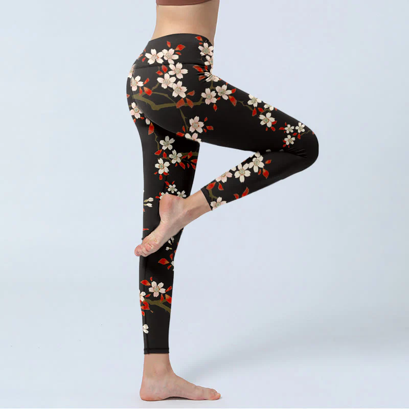 Buddha Stones White Cherry Blossoms Red Leaves Print Gym Leggings Women's Yoga Pants