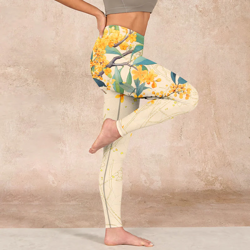 Buddha Stones Yellow Osmanthus Fragrans Rapeseed Print Gym Leggings Women's Yoga Pants