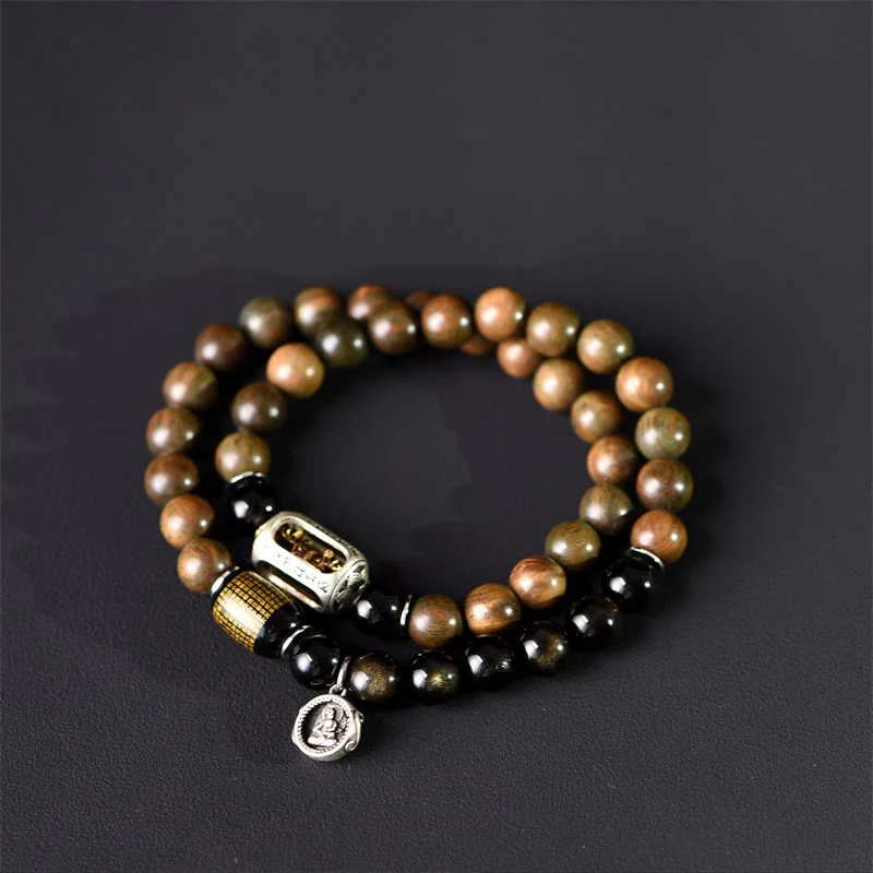 Buddha Stones Tibetan Green Sandalwood Gold Sheen Obsidian Balance Peace Double Wrap Bracelet