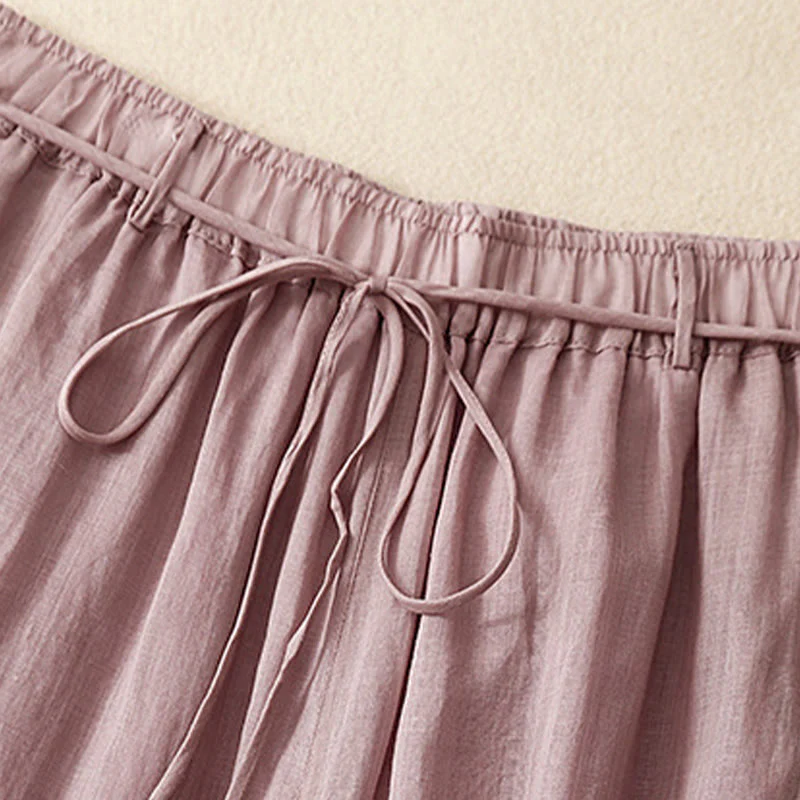 Buddha Stones Simple Design Drawstring Linen Women's Wide Leg Pants With Pockets