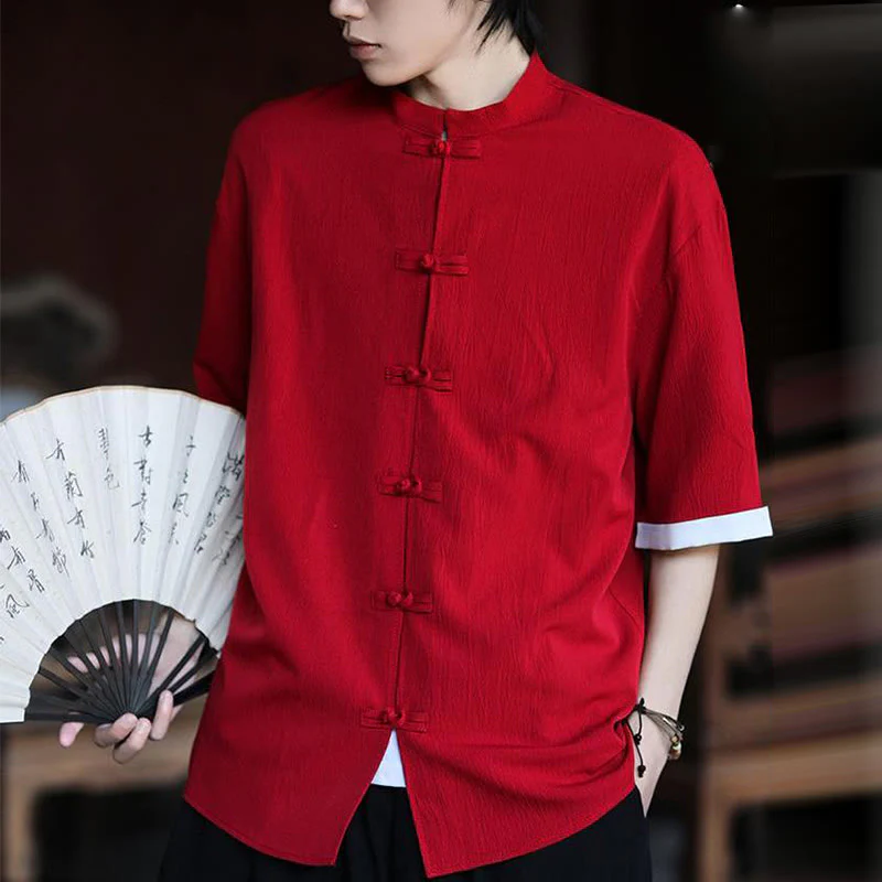 Buddha Stones Plain Tang Suit Frog-Button Design Men's Half Sleeve Shirt