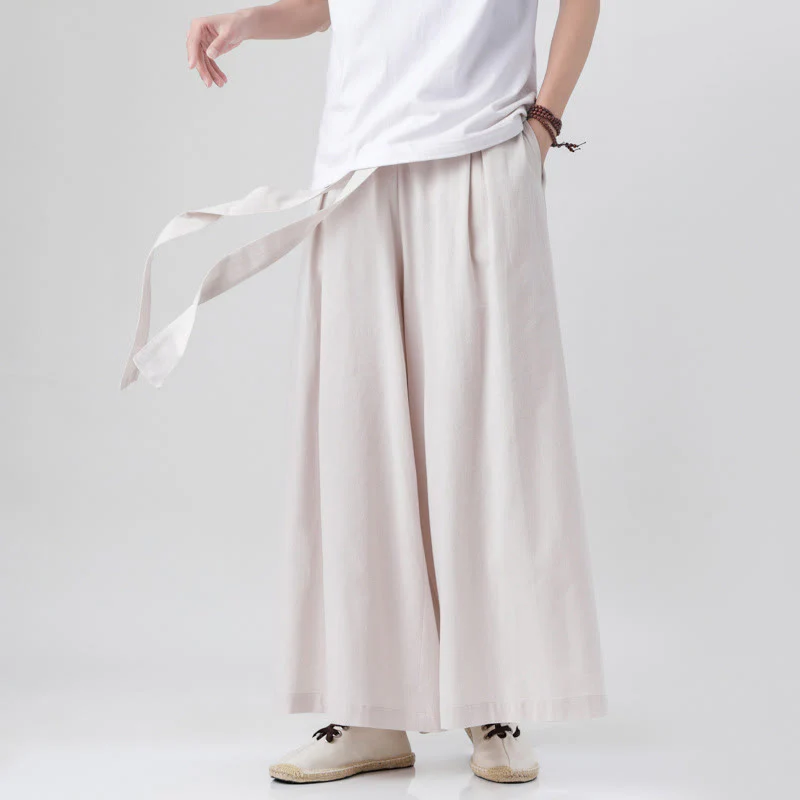 Buddha Stones Spring Casual Sports Drawstring Design Men's Cotton Linen Wide Leg Pants With Pockets