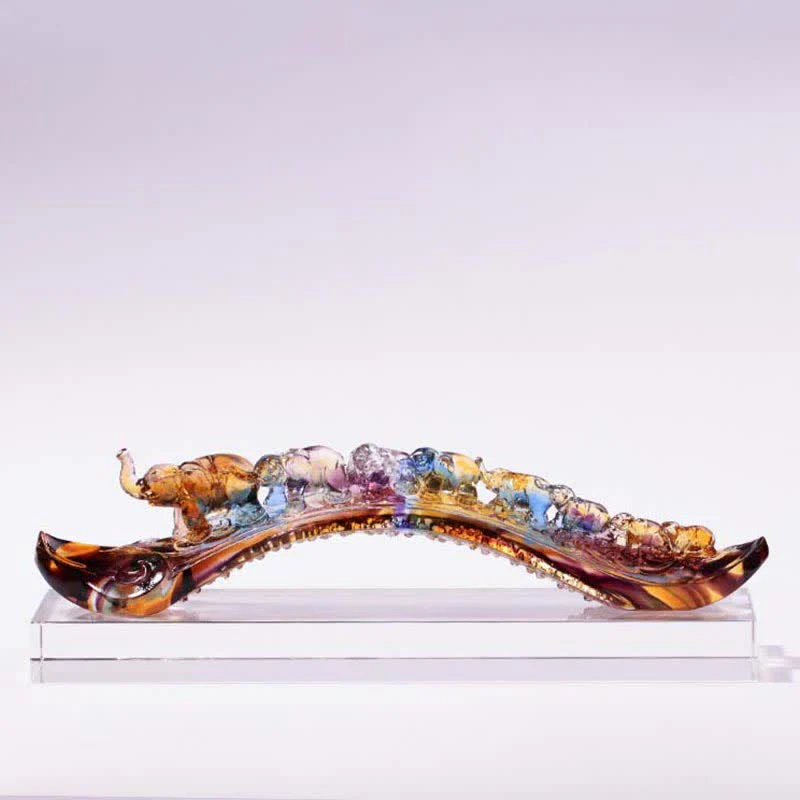 Buddha Stones Handmade Liuli Crystal Ruyi Elephant Art Piece Home Decoration With Crystal Base